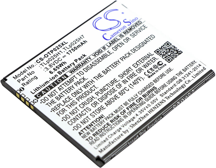 3.8V, 1750mAh, Li-ion Battery fits Alcatel, One Touch Pop 4, One Touch Pop 4 Lte, 6.65Wh
