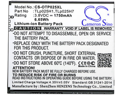 3.8V, 1750mAh, Li-ion Battery fits Alcatel, One Touch Pop 4, One Touch Pop 4 Lte, 6.65Wh
