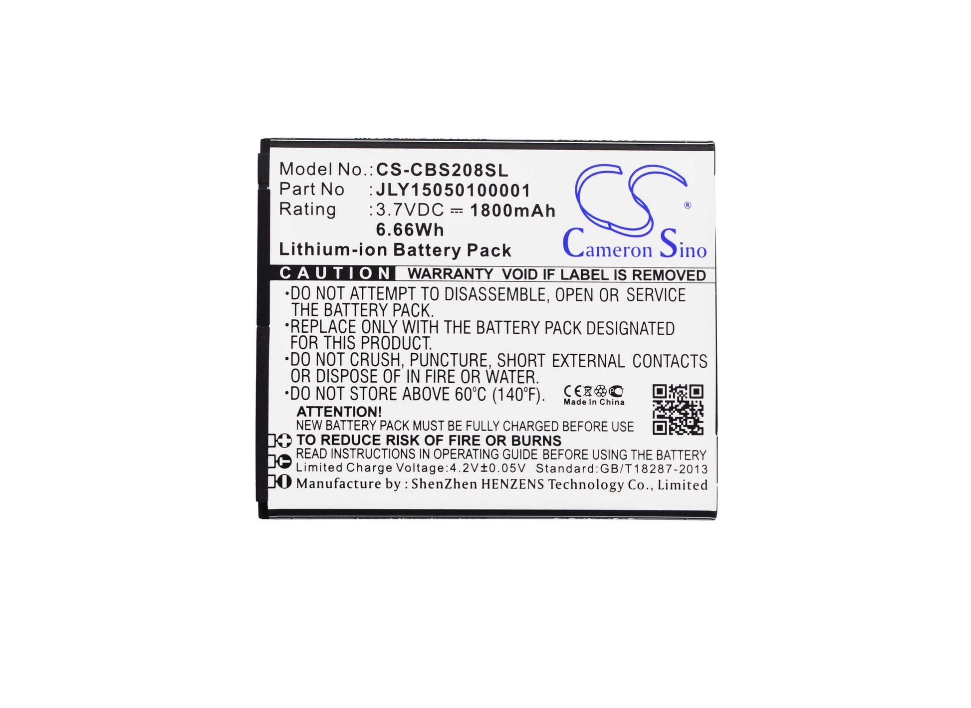 3.7V, 1800mAh, Li-ion Battery fits Cubot, S208, S208a, 6.66Wh