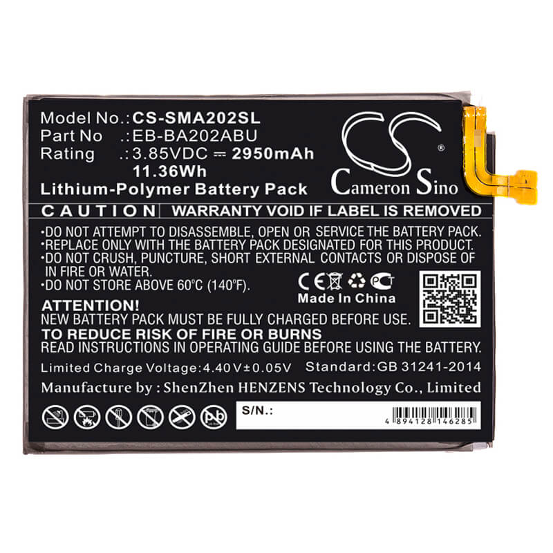3.85V, 2950mAh, Li-Polymer Battery fits Samsung, Galaxy A10e, Galaxy A10e 2019, 11.3575Wh