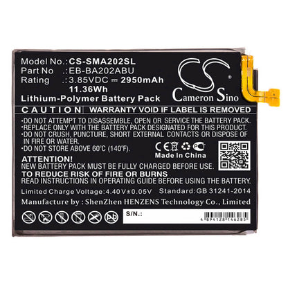 3.85V, 2950mAh, Li-Polymer Battery fits Samsung, Galaxy A10e, Galaxy A10e 2019, 11.3575Wh