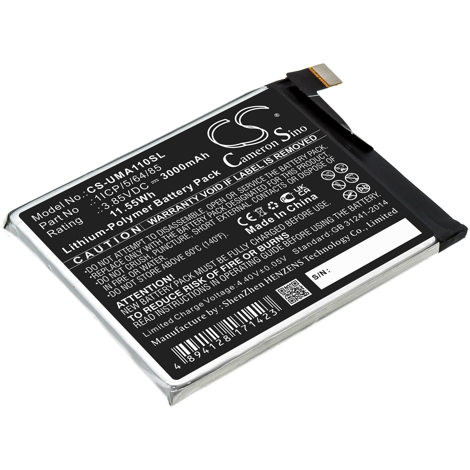 3.85V, 3000mAh, Li-Polymer Battery fits Umi, Umidigi A1 Pro, 11.55Wh