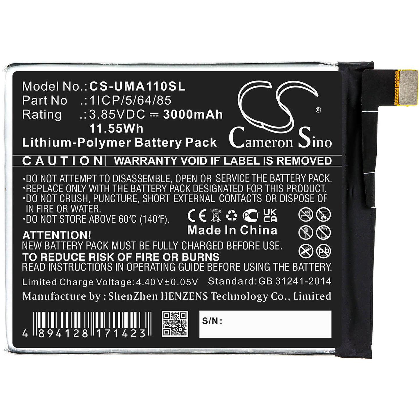 3.85V, 3000mAh, Li-Polymer Battery fits Umi, Umidigi A1 Pro, 11.55Wh