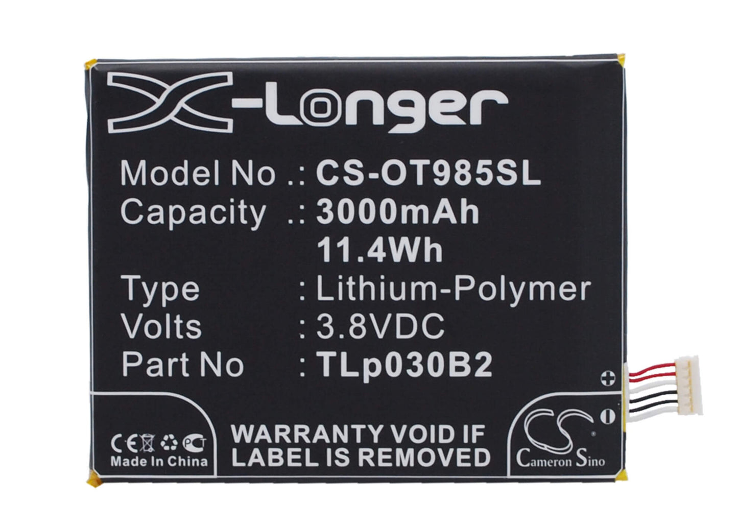 3.8V, 3000mAh, Li-Polymer Battery fits Vodafone, Ot-985n, Smart 4 Power, 11.4Wh