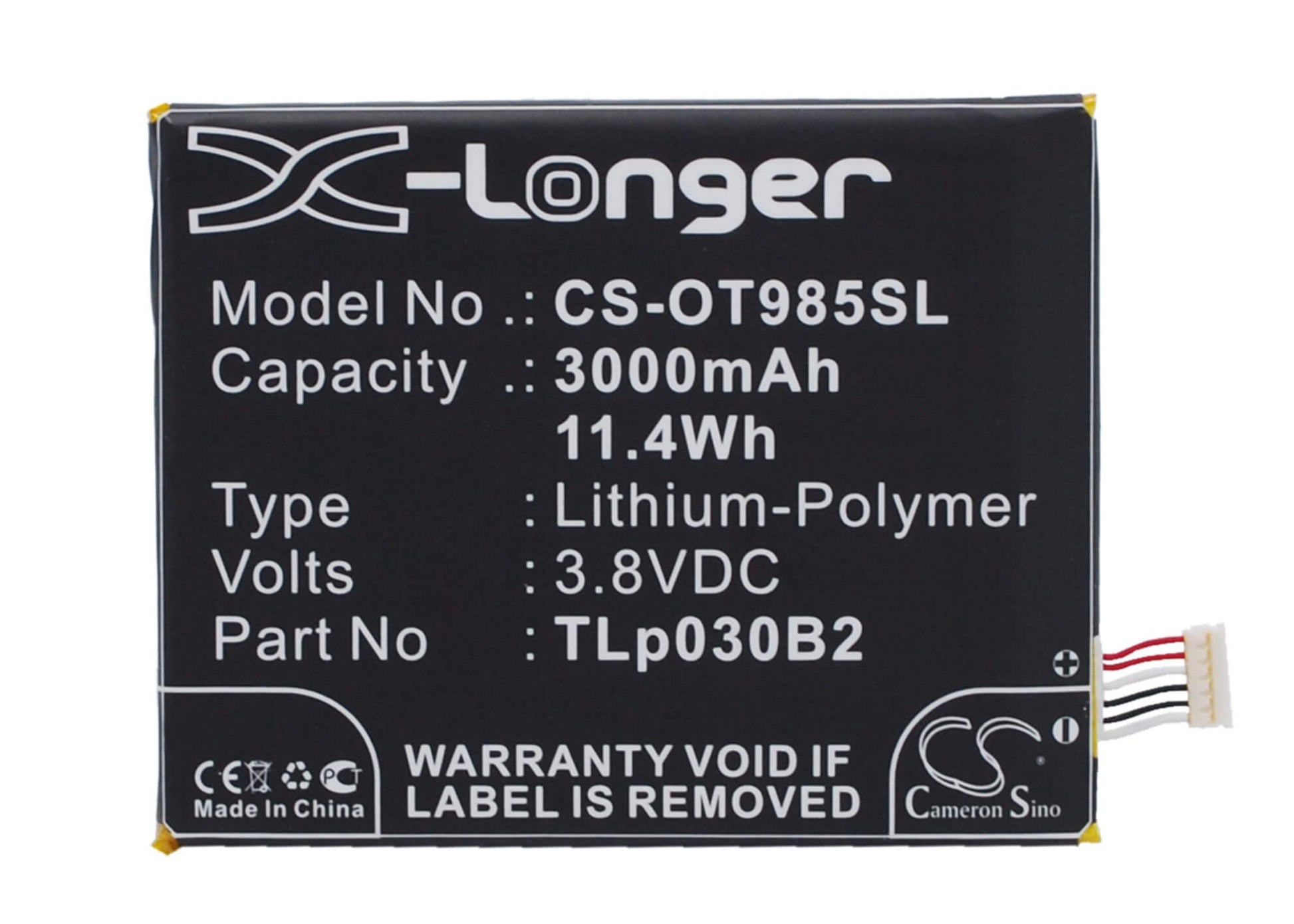 3.8V, 3000mAh, Li-Polymer Battery fits Vodafone, Ot-985n, Smart 4 Power, 11.4Wh