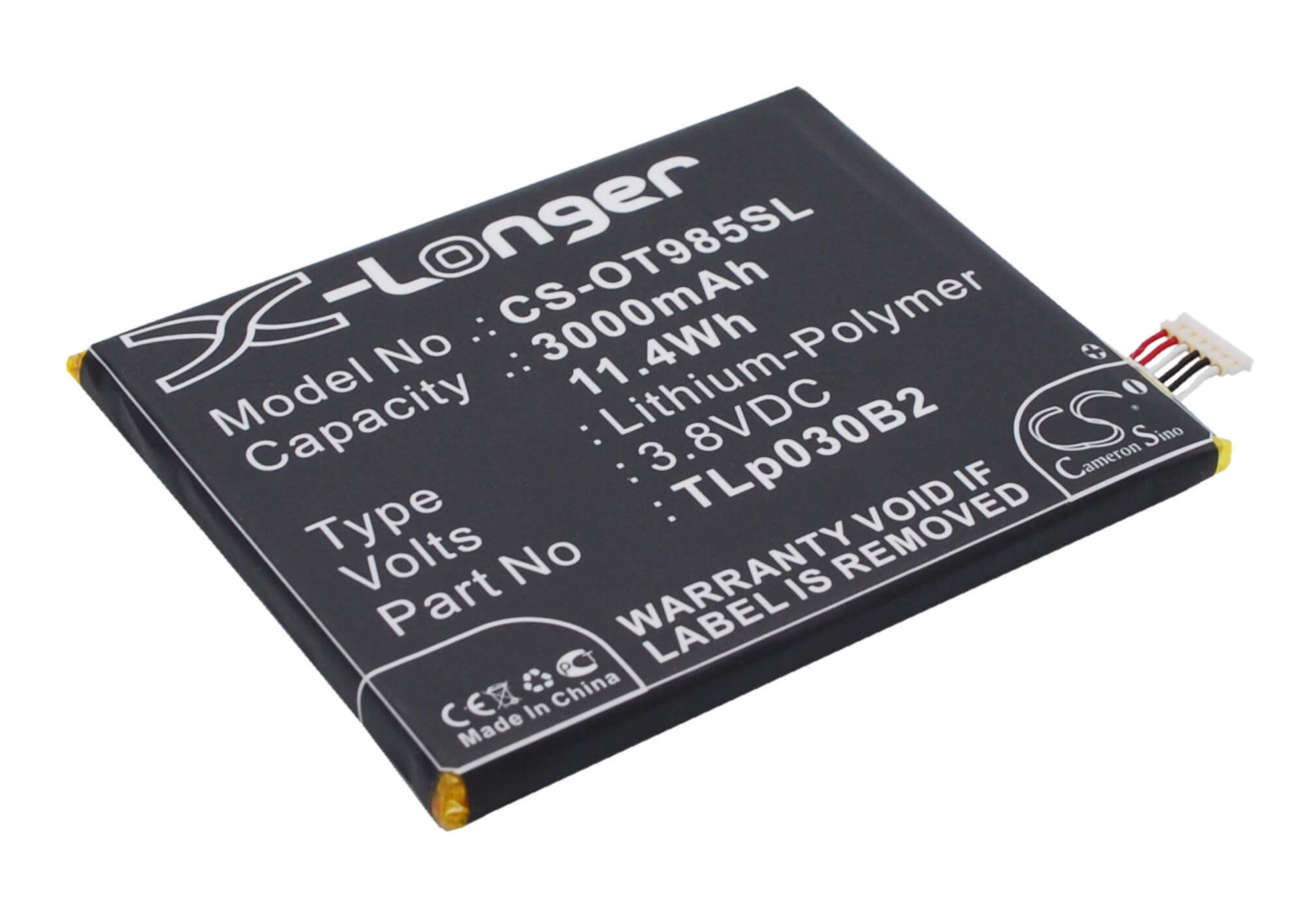 3.8V, 3000mAh, Li-Polymer Battery fits Vodafone, Ot-985n, Smart 4 Power, 11.4Wh