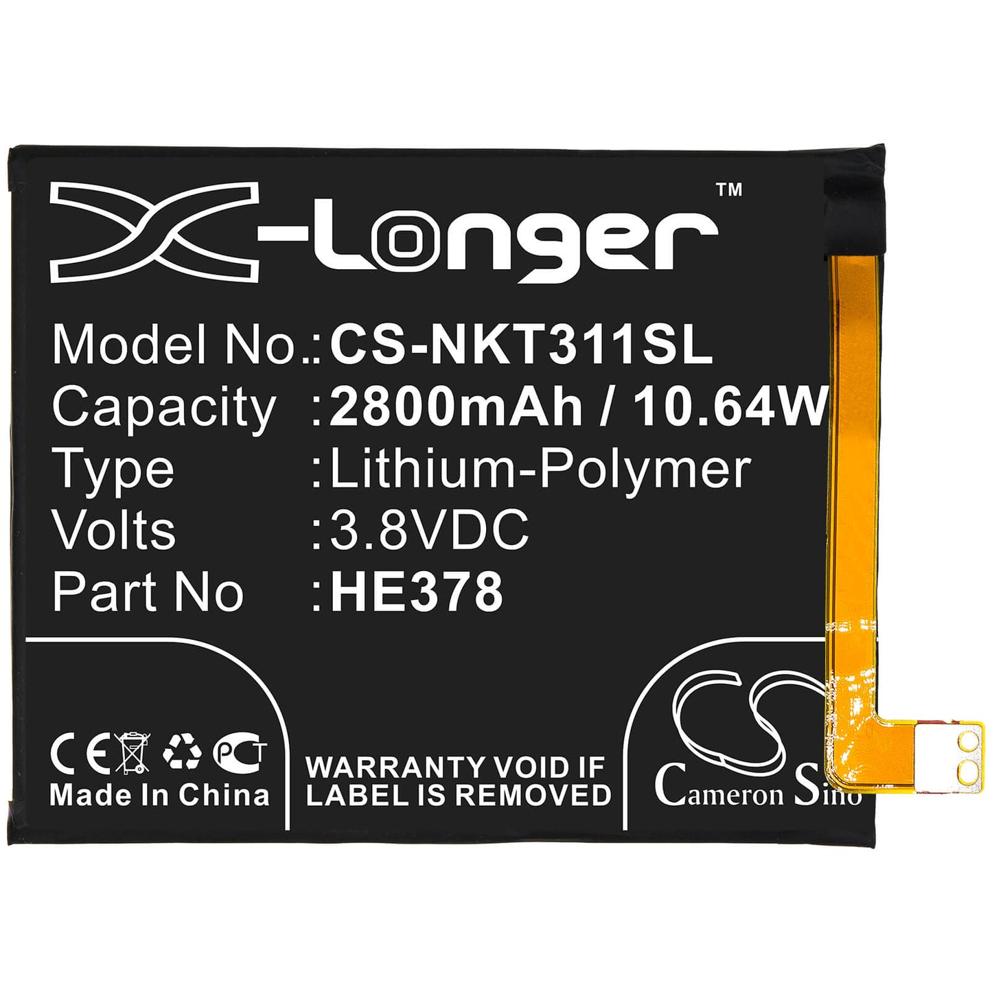 3.8V, 2800mAh, Li-Polymer Battery fits Nokia, 3.1a, Ta1140, 10.64Wh