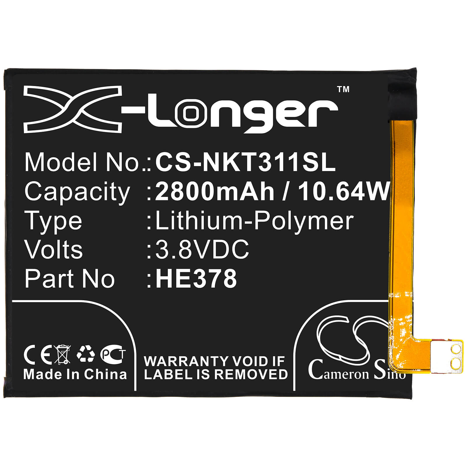 3.8V, 2800mAh, Li-Polymer Battery fits Nokia, 3.1a, Ta1140, 10.64Wh