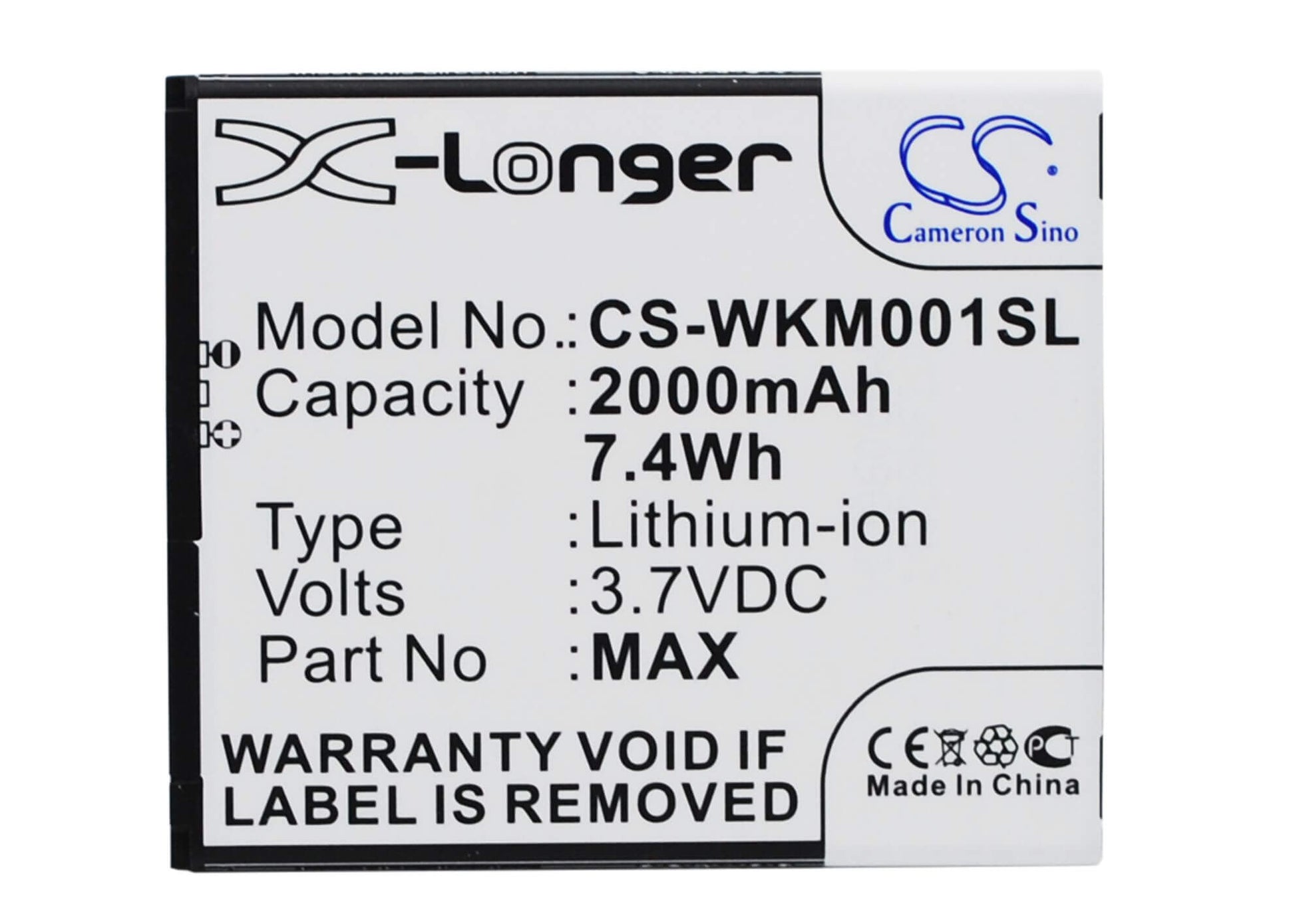 3.7V, 2000mAh, Li-ion Battery fits Biackphone, Bp1, 7.4Wh