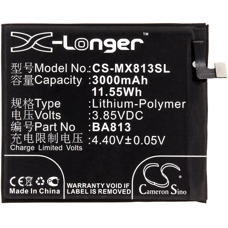 3.85V, 3000mAh, Li-Polymer Battery fits Meizu, M813q, V8 Pro, 11.55Wh