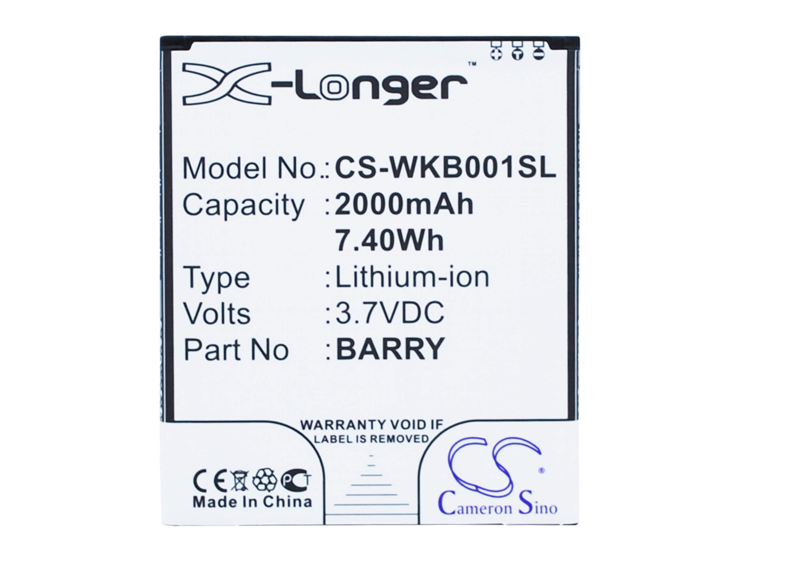 3.7V, 2000mAh, Li-ion Battery fits Wiko, Barry, Barry Dual Sim, 7.4Wh