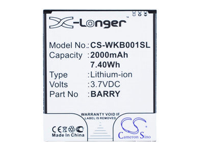 3.7V, 2000mAh, Li-ion Battery fits Wiko, Barry, Barry Dual Sim, 7.4Wh