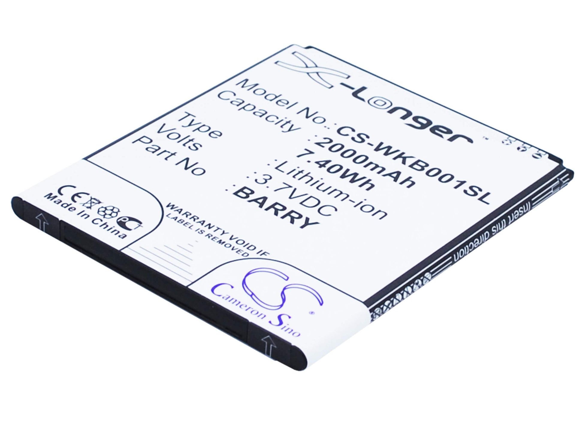3.7V, 2000mAh, Li-ion Battery fits Wiko, Barry, Barry Dual Sim, 7.4Wh