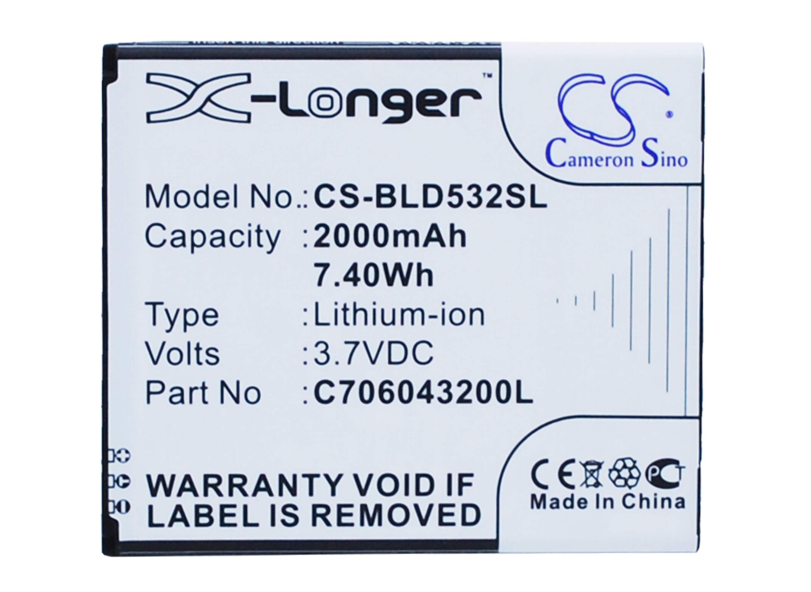 3.7V, 2000mAh, Li-ion Battery fits Blu, D532, D532u, 7.4Wh
