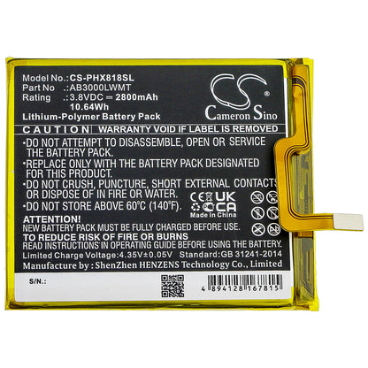 3.8V, 2800mAh, Li-Polymer Battery fits Philips, Xenium X818, 10.64Wh