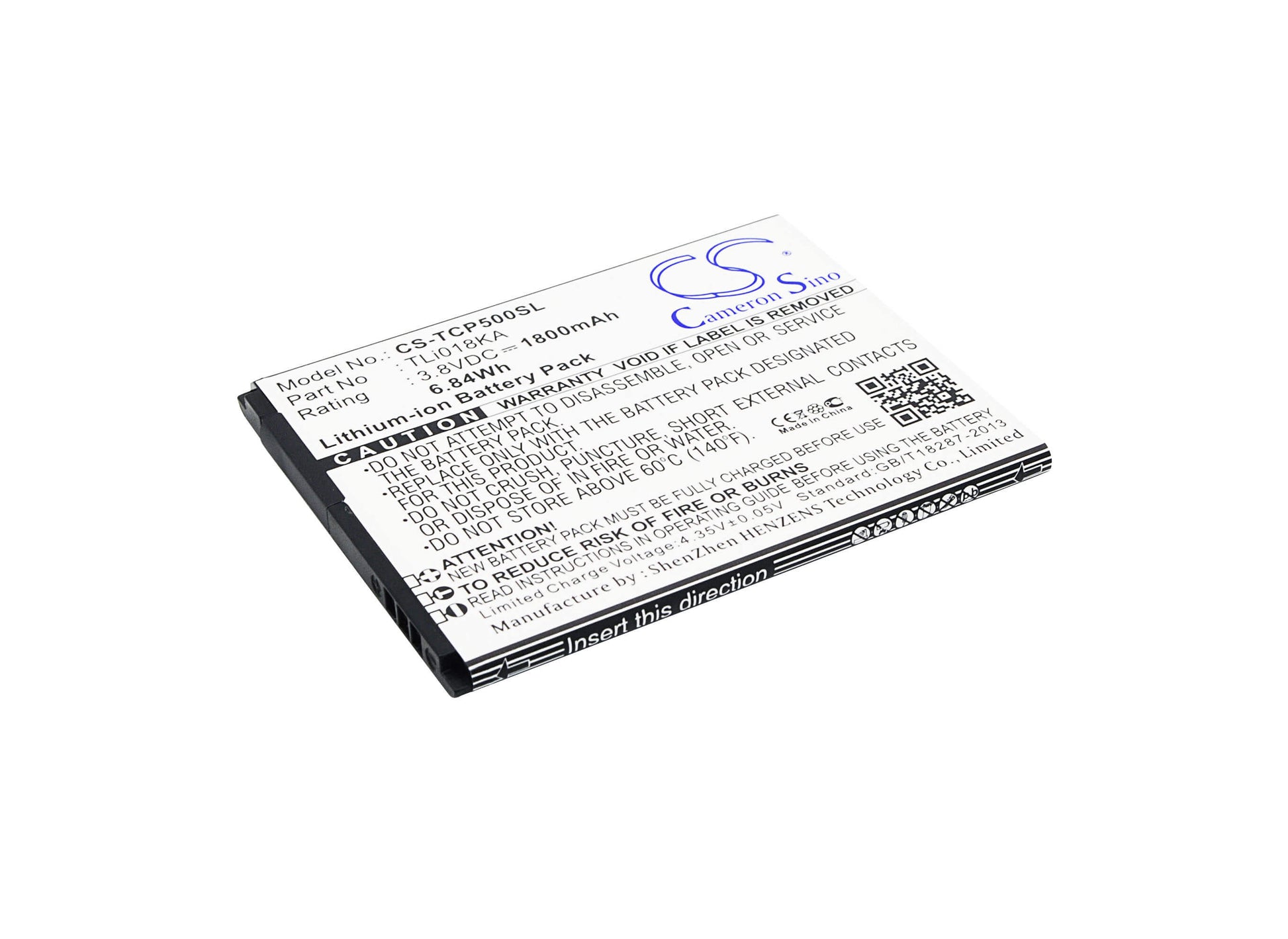 3.8V, 1800mAh, Li-ion Battery fits Tcl, P316l, P500m, 6.84Wh