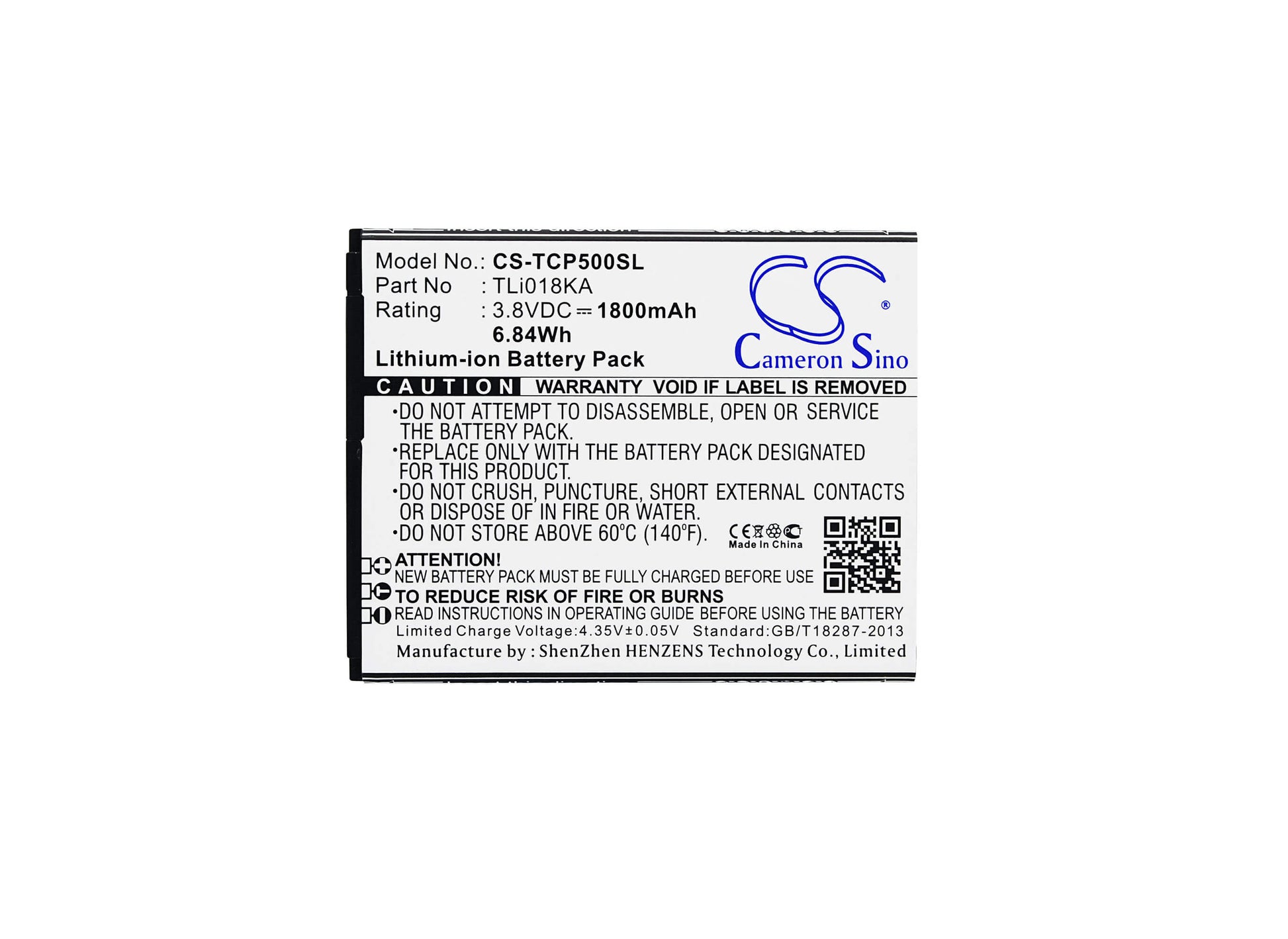3.8V, 1800mAh, Li-ion Battery fits Tcl, P316l, P500m, 6.84Wh