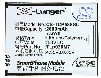 3.8V, 2000mAh, Li-Polymer Battery fits Tcl, P588l, Tcl P588, 7.6Wh