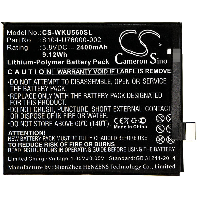 3.8V, 2400mAh, Li-Polymer Battery fits Wiko, P4601, P5601, 9.12Wh