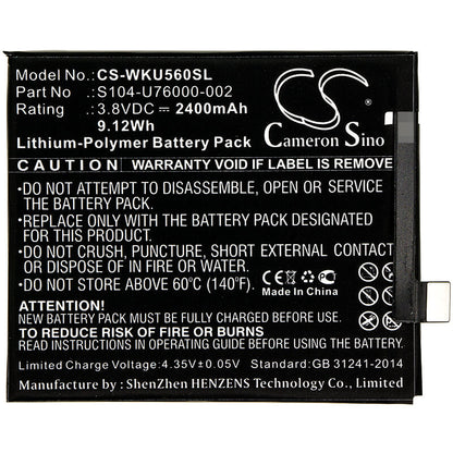 3.8V, 2400mAh, Li-Polymer Battery fits Wiko, P4601, P5601, 9.12Wh