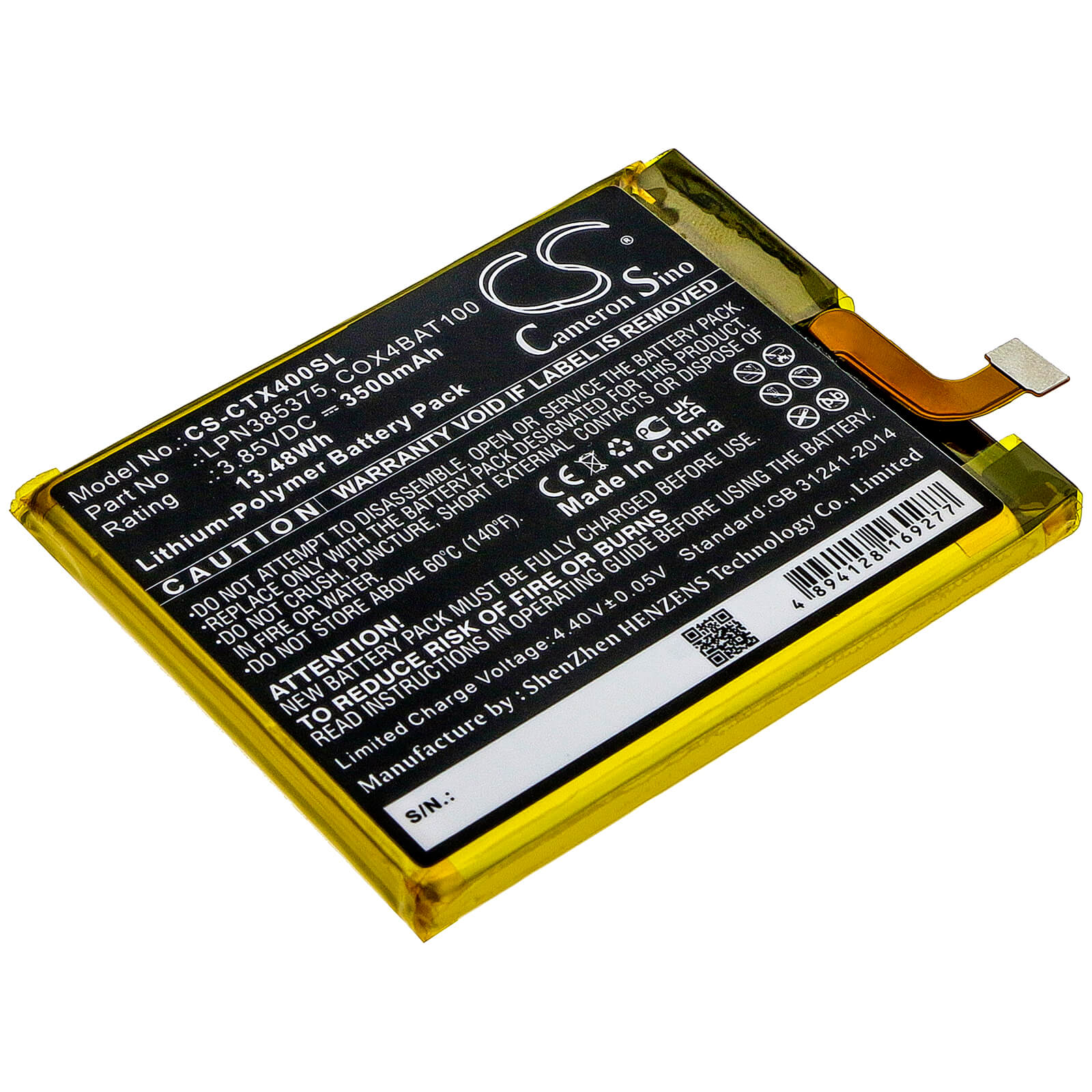 3.85V, 3500mAh, Li-Polymer Battery fits Crosscall, Core X4, 13.475Wh