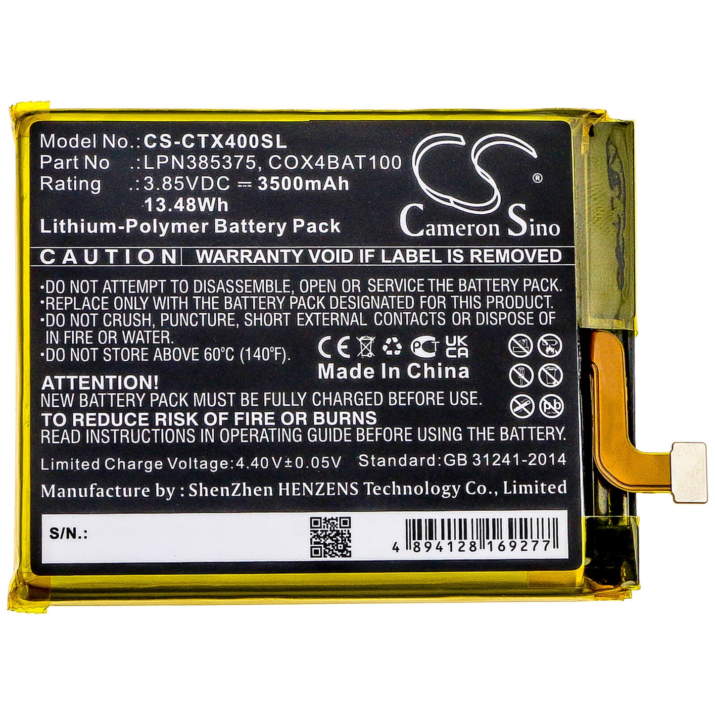 3.85V, 3500mAh, Li-Polymer Battery fits Crosscall, Core X4, 13.475Wh