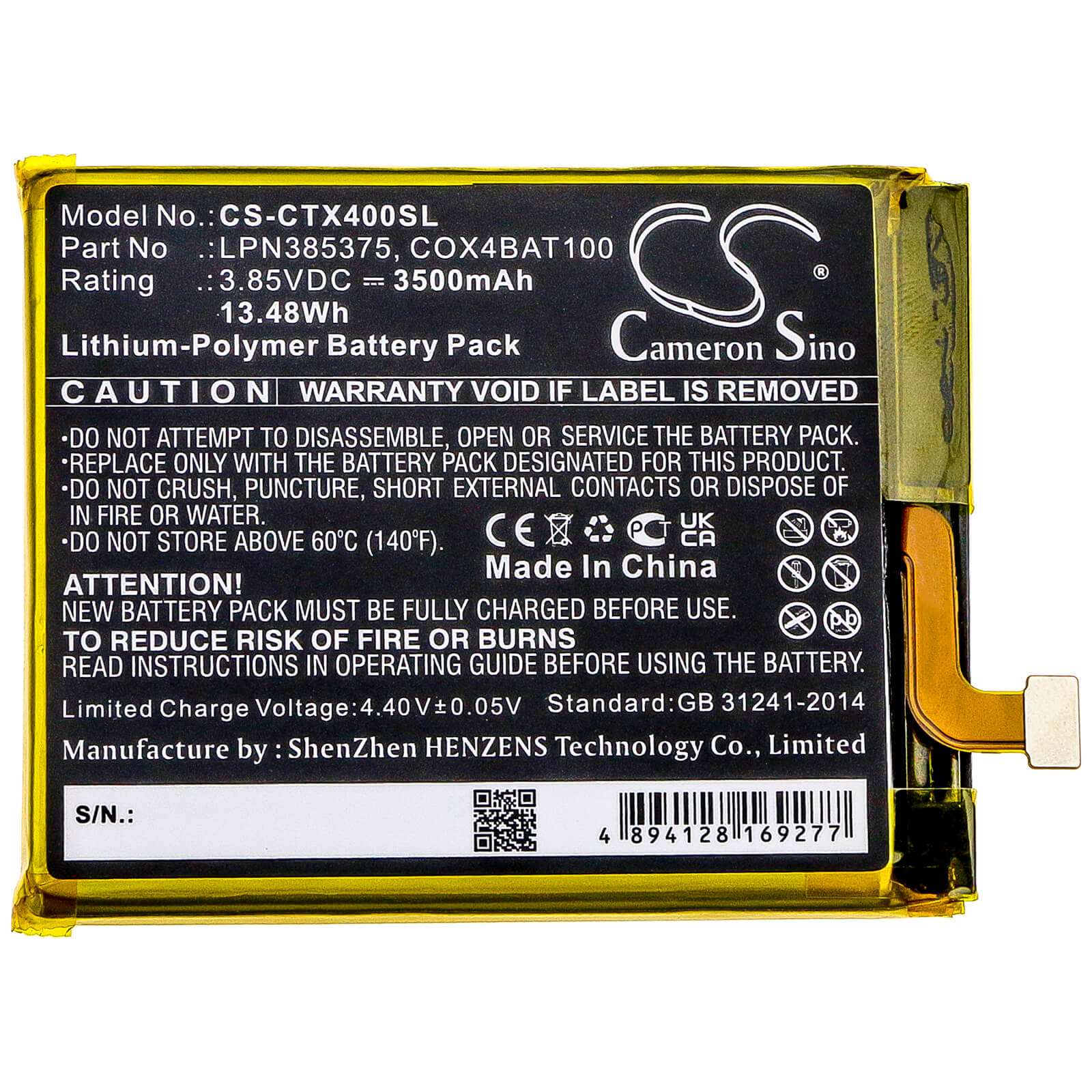 3.85V, 3500mAh, Li-Polymer Battery fits Crosscall, Core X4, 13.475Wh