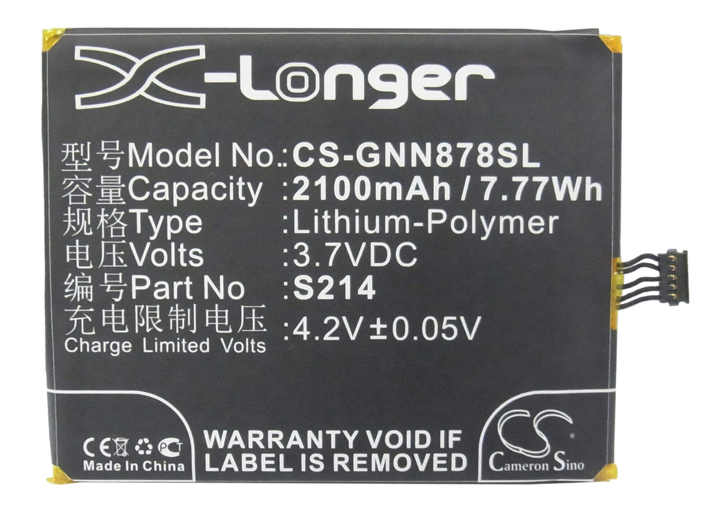 3.7V, 2100mAh, Li-Polymer Battery fits Gionee, Gn878, 7.77Wh