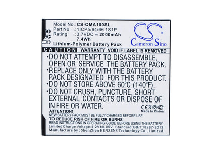 3.7V, 2000mAh, Li-Polymer Battery fits Qmobile, A10, 7.4Wh