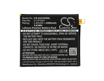 3.85V, 2500mAh, Li-Polymer Battery fits Asus, Ze520kl, Zenfone 3 5.2, 9.625Wh