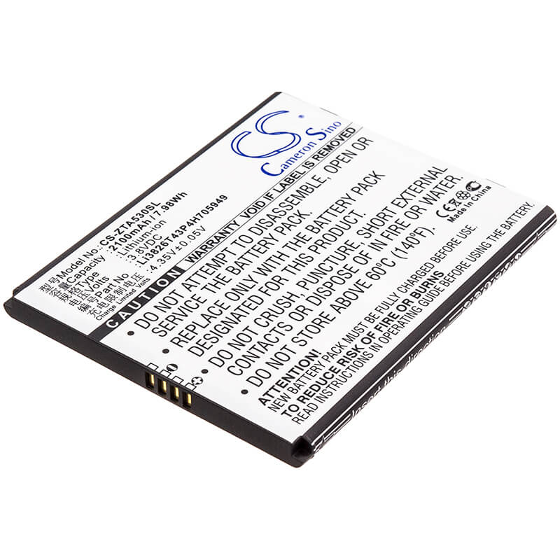 3.8V, 2100mAh, Li-ion Battery fits Zte, Ba530, Ba606, 7.98Wh