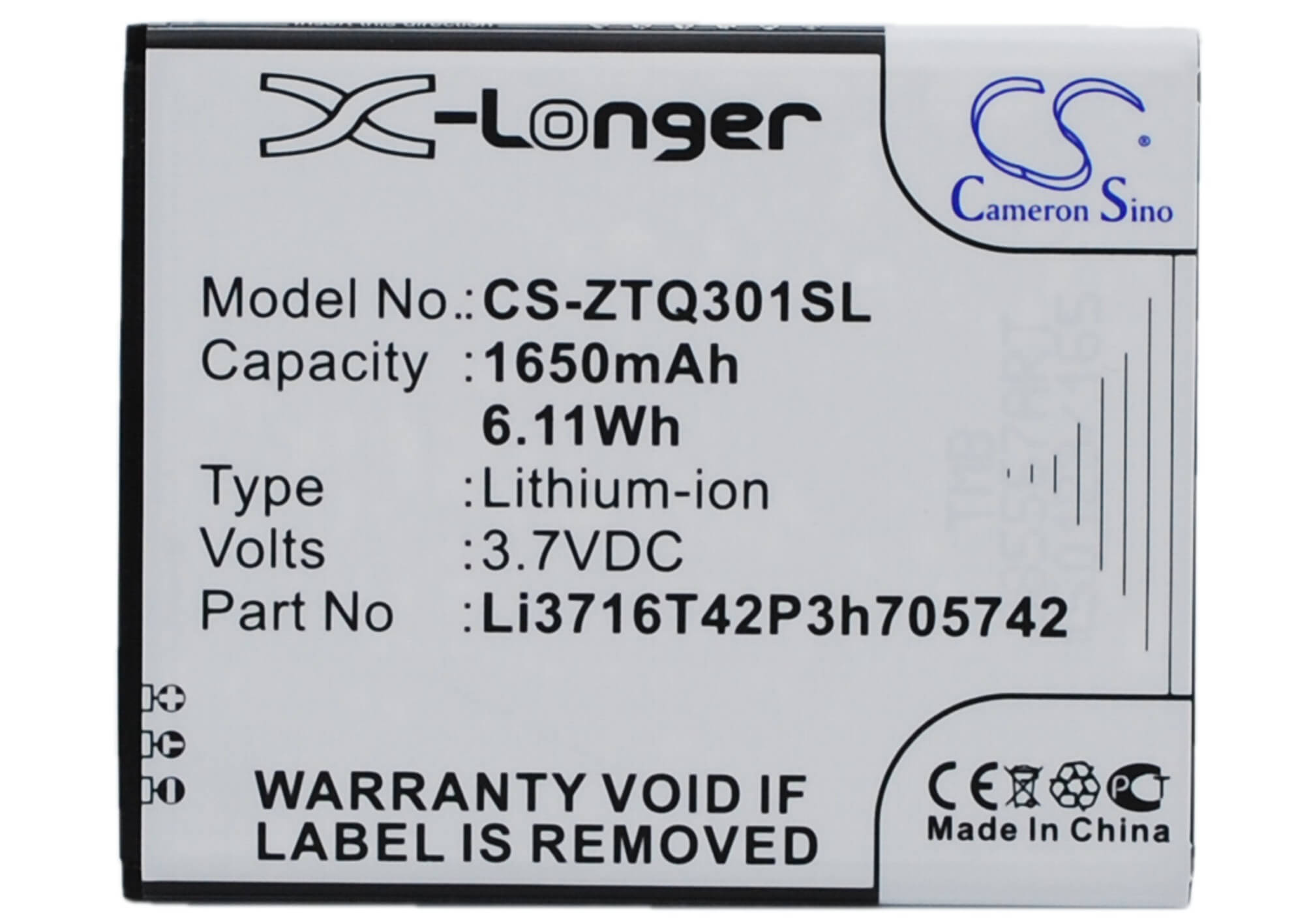 3.7V, 1650mAh, Li-ion Battery fits A+world, Cg503, 6.105Wh