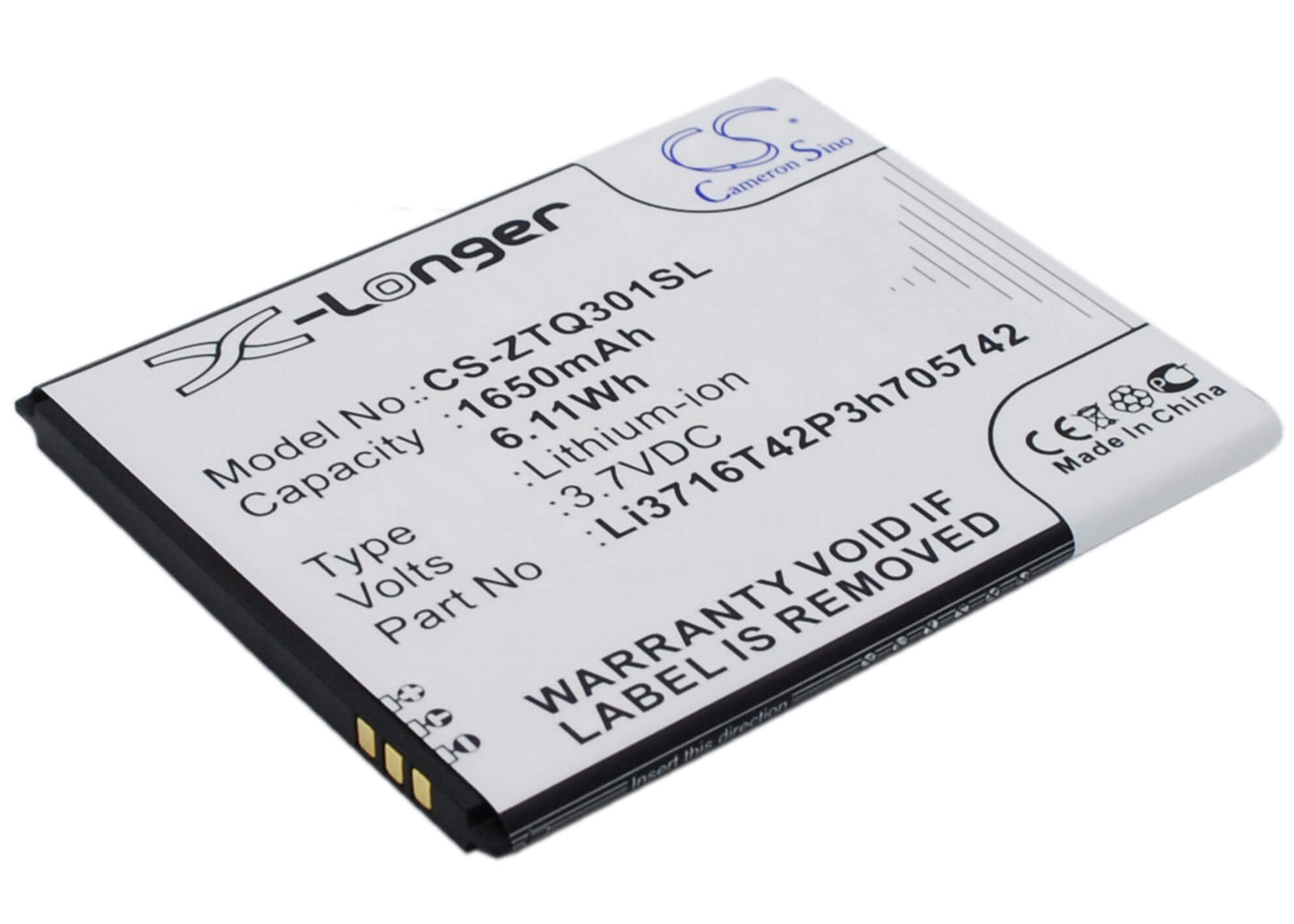 3.7V, 1650mAh, Li-ion Battery fits A+world, Cg503, 6.105Wh