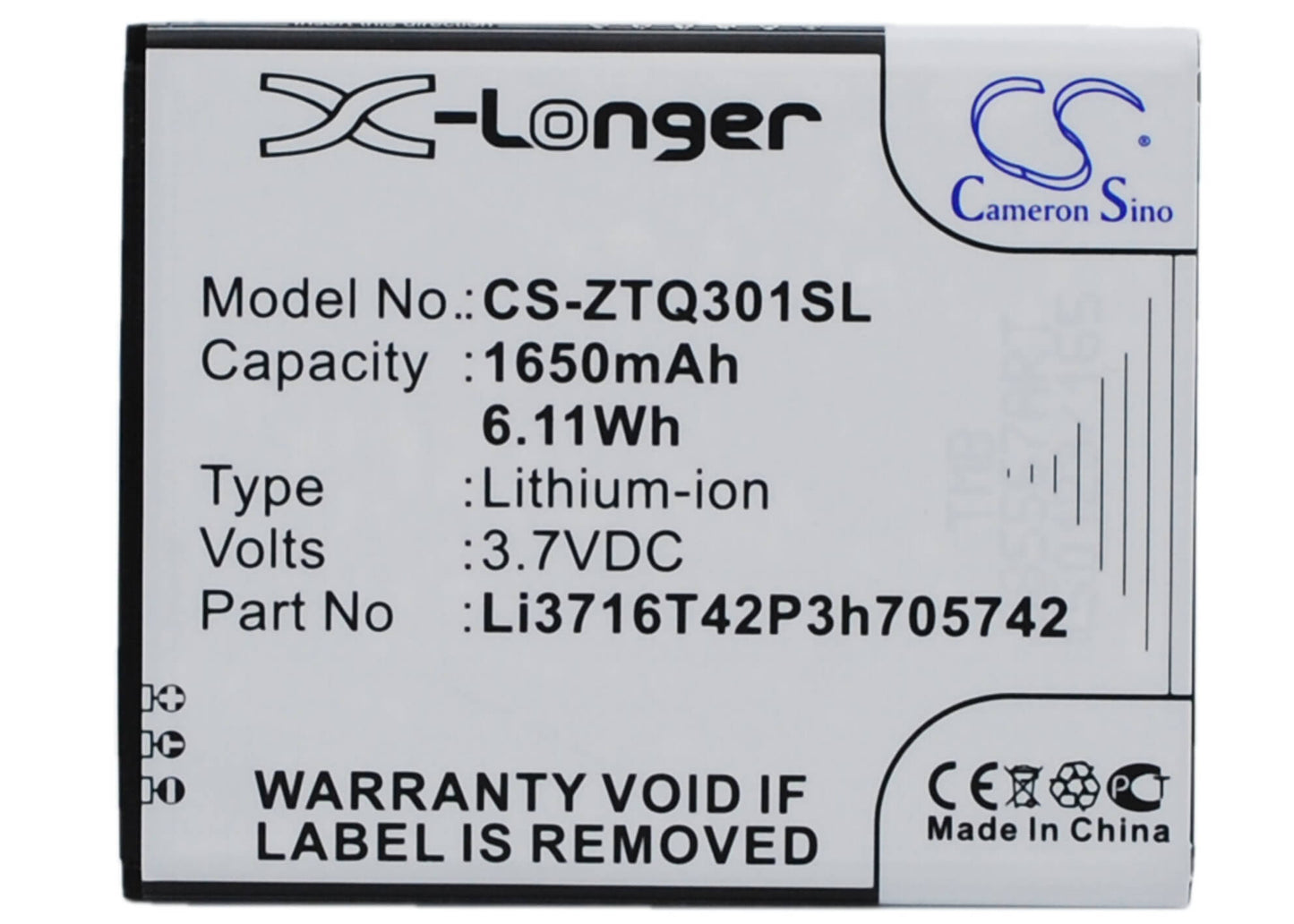 3.7V, 1650mAh, Li-ion Battery fits Zte, Q301c, Q301t, 6.105Wh