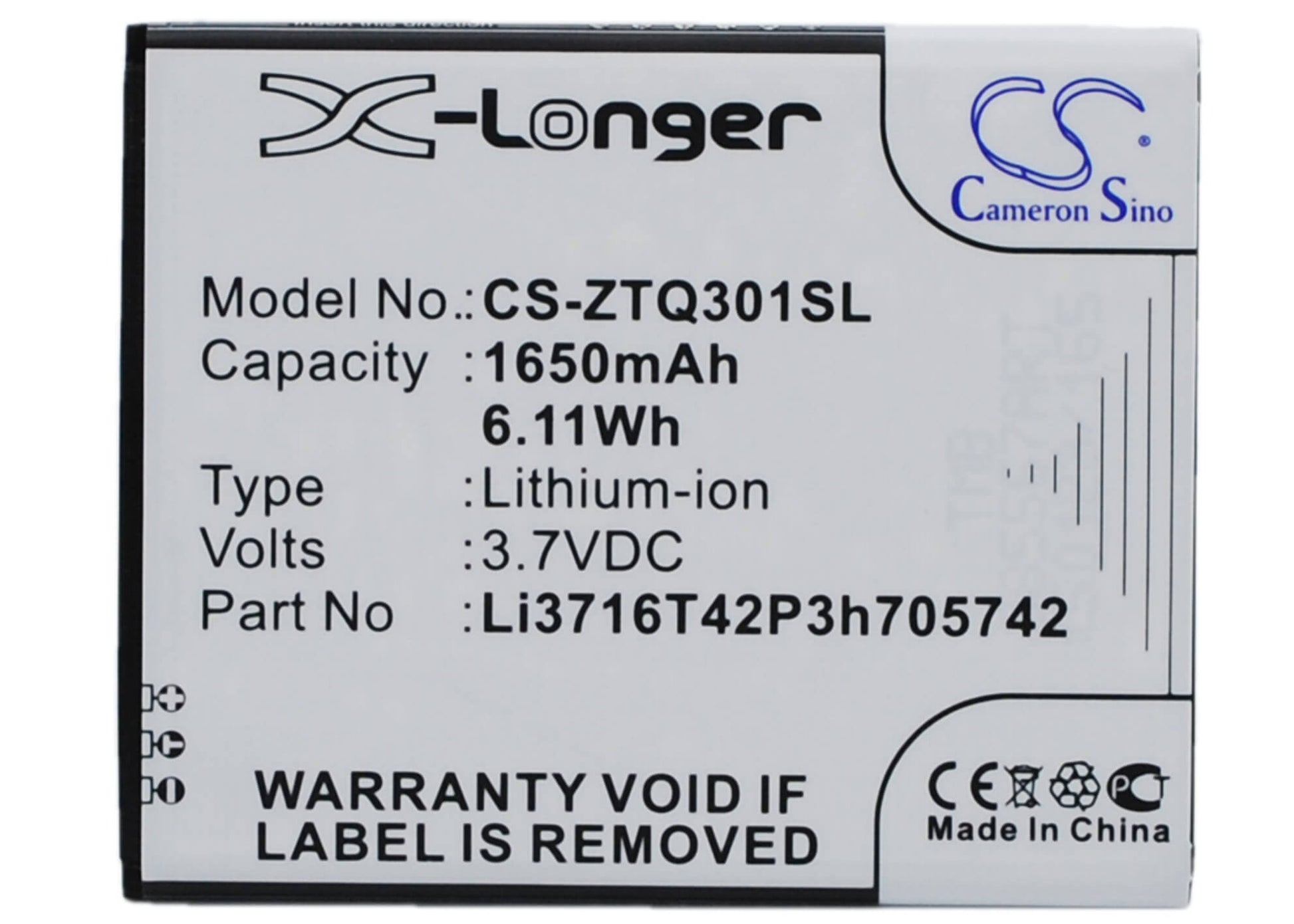 3.7V, 1650mAh, Li-ion Battery fits Zte, Q301c, Q301t, 6.105Wh