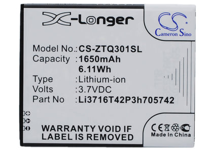 3.7V, 1650mAh, Li-ion Battery fits Zte, Q301c, Q301t, 6.105Wh