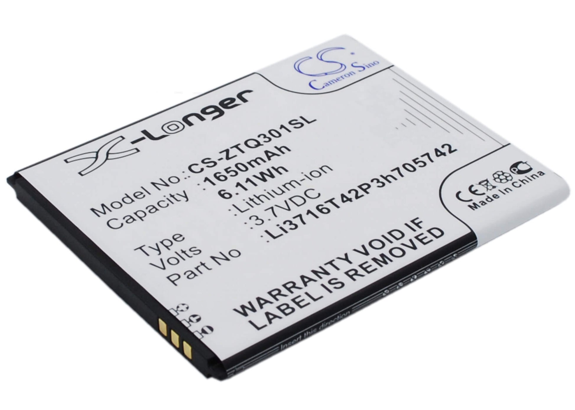 3.7V, 1650mAh, Li-ion Battery fits Zte, Q301c, Q301t, 6.105Wh