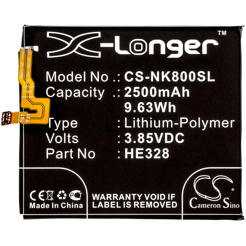 3.85V, 2500mAh, Li-Polymer Battery fits Nokia, 8, 8 Global Dual Sim, 9.625Wh