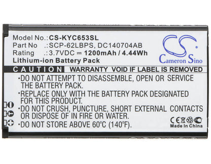 3.7V, 1200mAh, Li-ion Battery fits Kyocera, C6530, C6530n, 4.44Wh