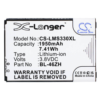 3.8V, 1950mAh, Li-ion Battery fits Lg, As330, As375, 7.41Wh
