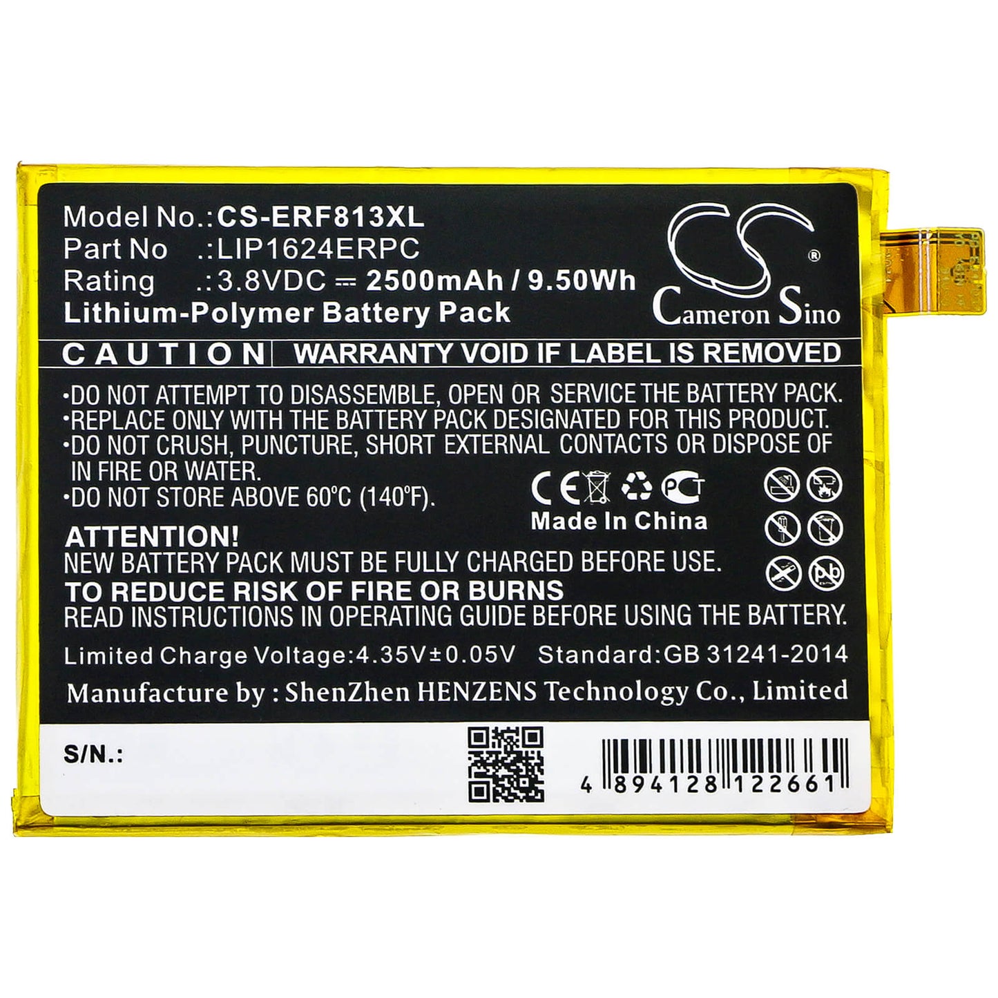 3.8V, 2500mAh, Li-Polymer Battery fits Sony, F8131, F8132, 9.5Wh