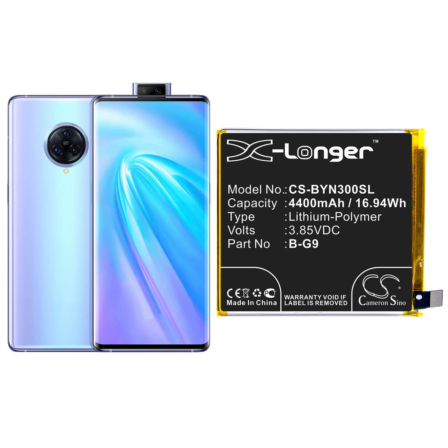 3.85V, 4400mAh, Li-Polymer Battery fits Vivo, Nex 3, Nex 3 5g, 16.94Wh