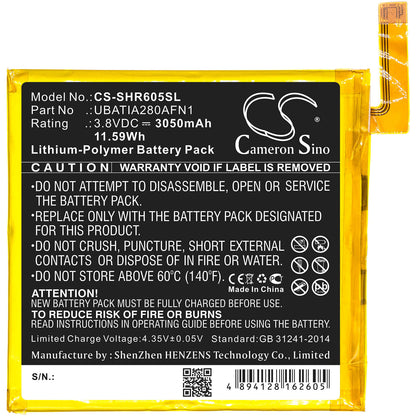 3.8V, 3050mAh, Li-Polymer Battery fits Sharp, 605sh, Aquos R, 11.59Wh