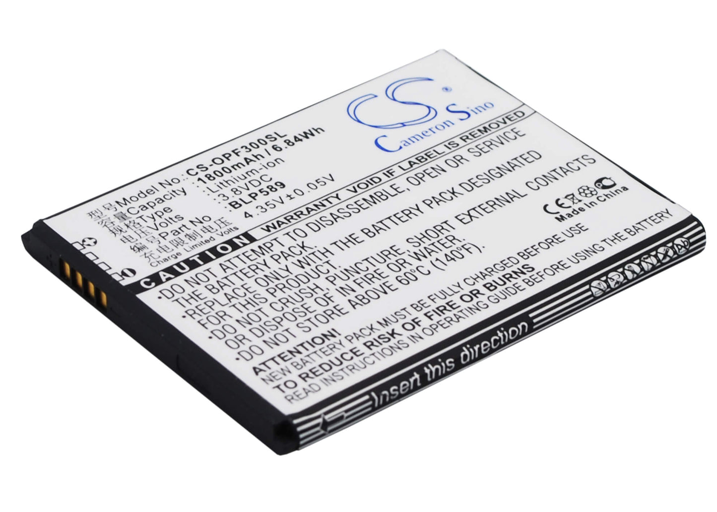 3.8V, 1800mAh, Li-ion Battery fits Oppo, 3000, 3005, 6.84Wh