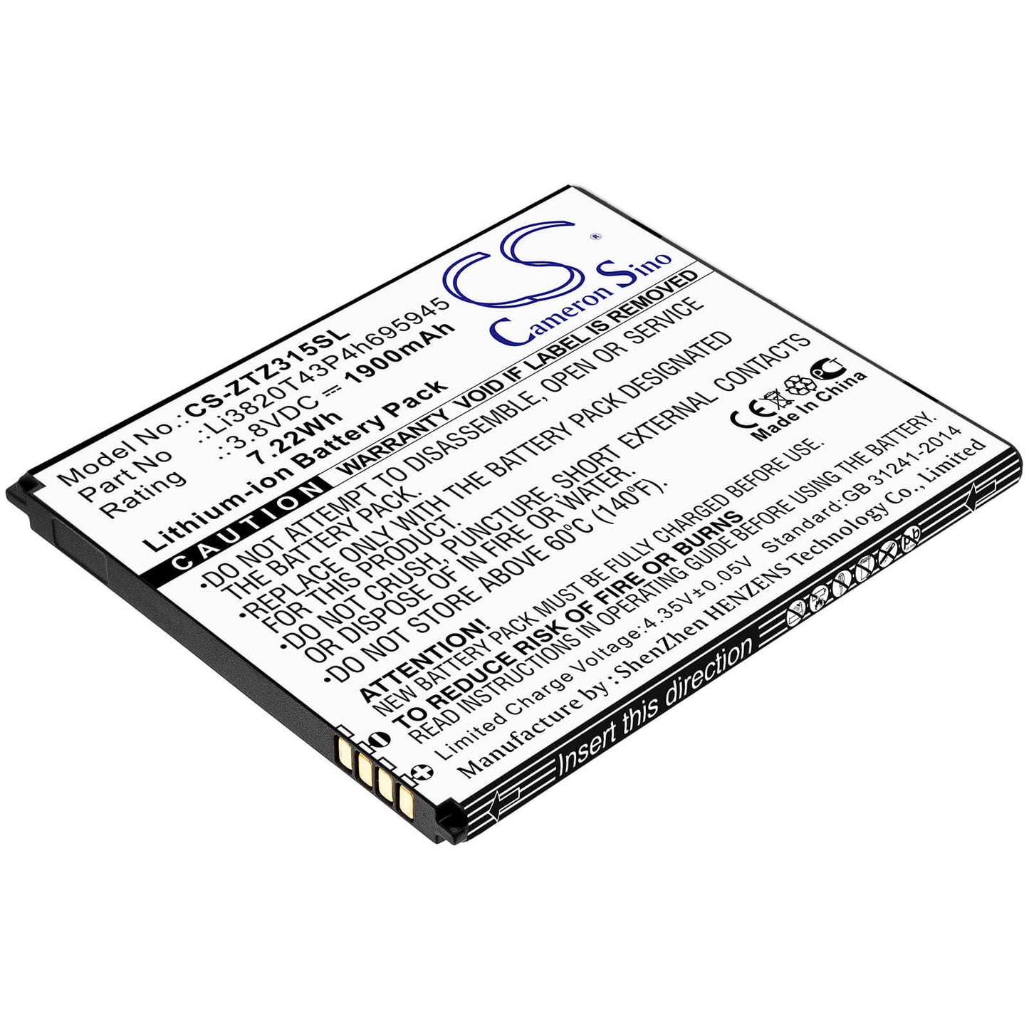 3.8V, 1900mAh, Li-ion Battery fits Zte, Blade Vantage 2, Z3153, 7.22Wh