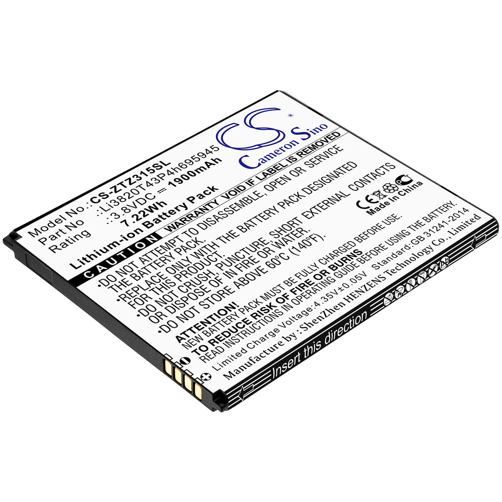 3.8V, 1900mAh, Li-ion Battery fits Zte, Blade Vantage 2, Z3153, 7.22Wh
