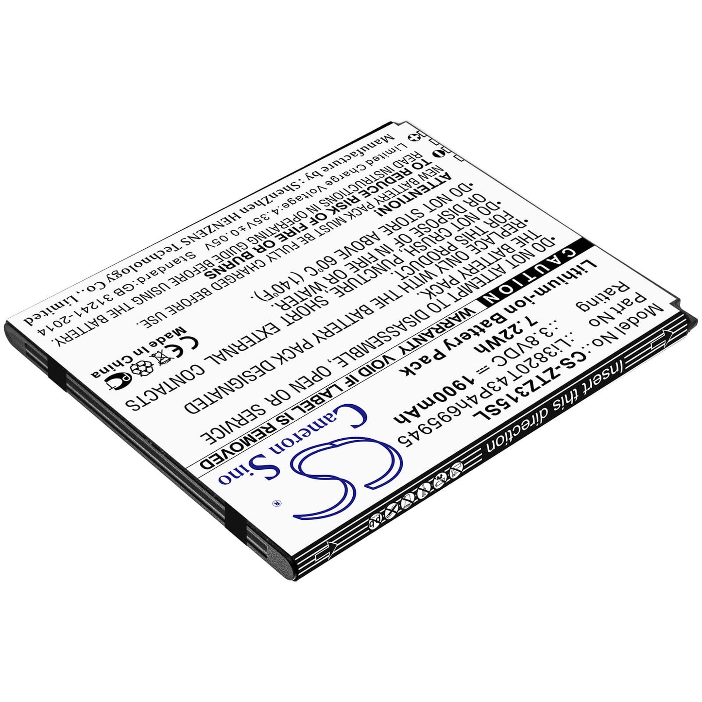 3.8V, 1900mAh, Li-ion Battery fits Zte, Blade Vantage 2, Z3153, 7.22Wh