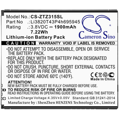 3.8V, 1900mAh, Li-ion Battery fits Zte, Blade Vantage 2, Z3153, 7.22Wh