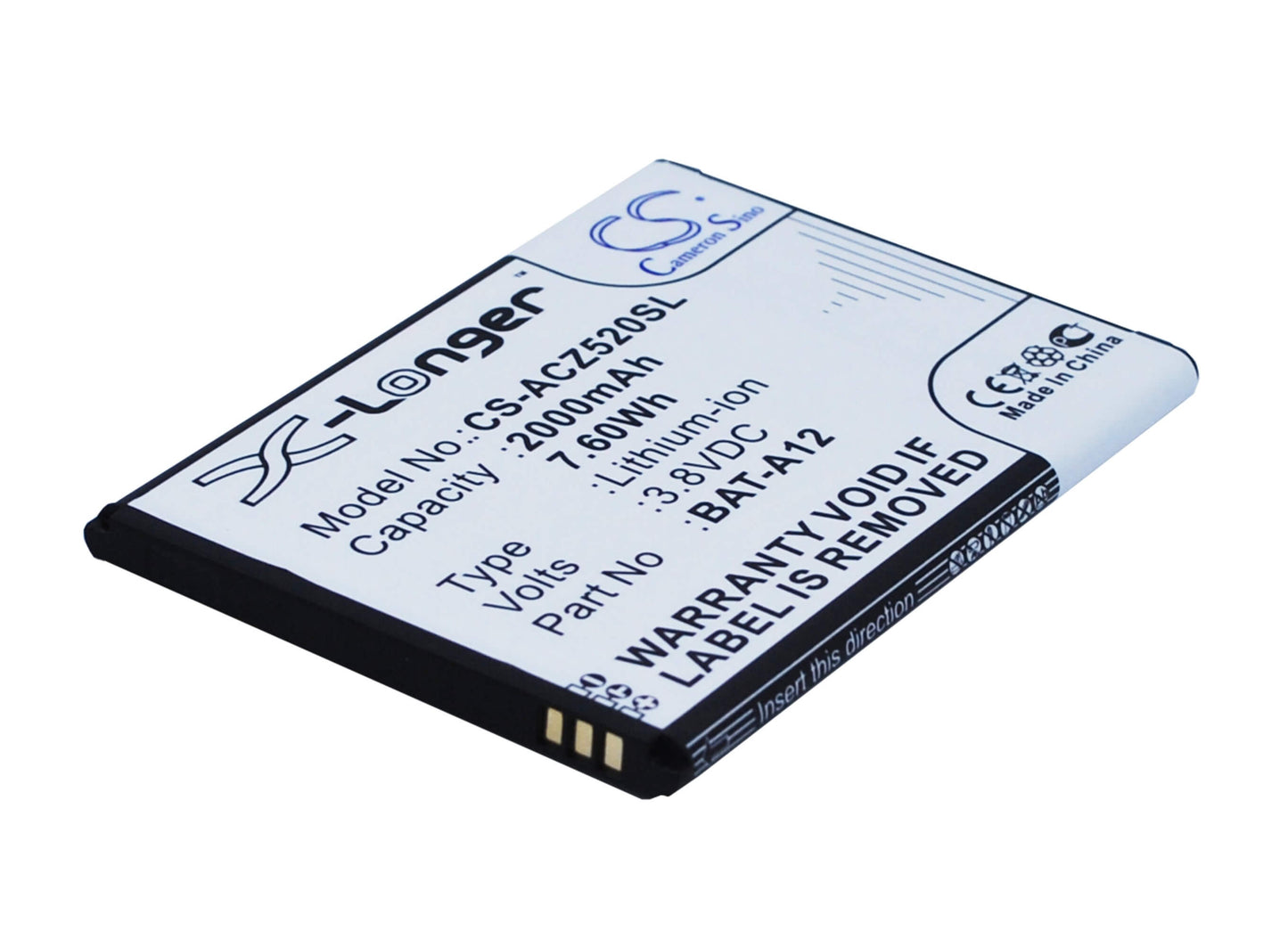 3.8V, 2000mAh, Li-ion Battery fits Acer, Liquid Z520, Liquid Z520 Dual Sim, 7.6Wh