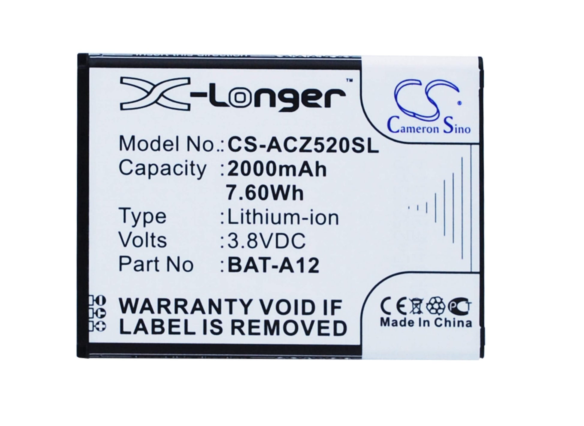 3.8V, 2000mAh, Li-ion Battery fits Acer, Liquid Z520, Liquid Z520 Dual Sim, 7.6Wh